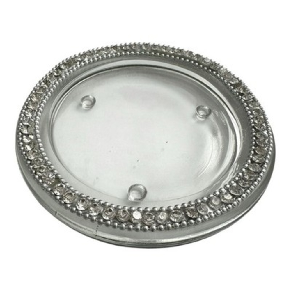 Crystal Rhinestone Beaded Glass Pillar Candle Plate Holder Round 4.25" Silver VG - Picture 3 of 5